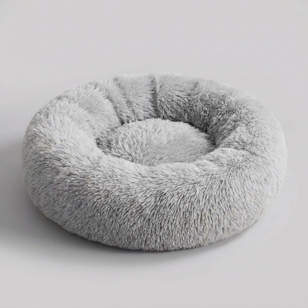 Large calming dog bed, ultra-soft faux fur for deep sleep & anxiety relief.