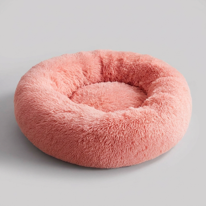 Small/medium calming pet bed with cozy faux fur for anxiety relief & deep sleep.