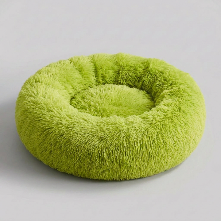 Premium faux fur calming dog bed, anti-anxiety comfort, supports deep, restful sleep.