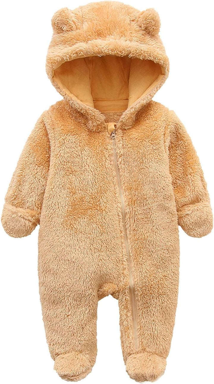 Cozy fleece-lined hooded baby romper; warm infant bodysuit, perfect for winter.