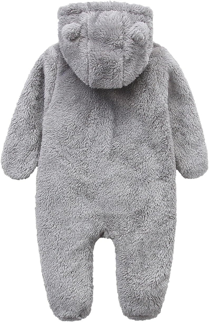 Warm newborn hooded romper, fleece-lined bodysuit for ultimate comfort.