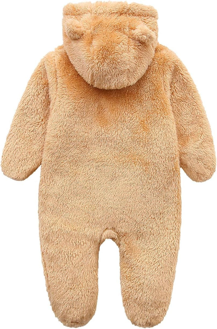 Cozy fleece baby jumpsuit, hooded design for extra warmth; infant winter clothing.