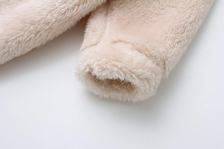 Soft hooded baby romper, fleece-lined; a snug & warm infant bodysuit.