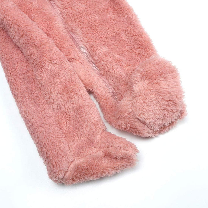 Snug hooded fleece infant romper, great for play & warmth; baby winter wear.