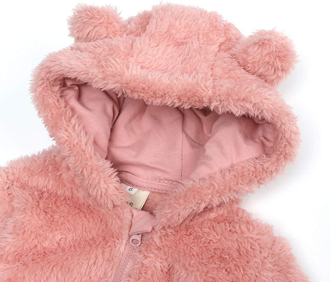 Adorable hooded baby fleece jumpsuit; warm & cozy infant clothing.