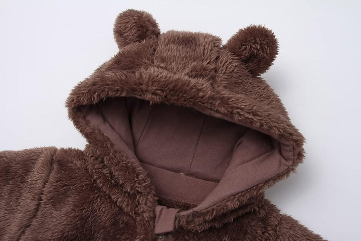 Super soft hooded baby romper, fleece-lined for maximum warmth & comfort.