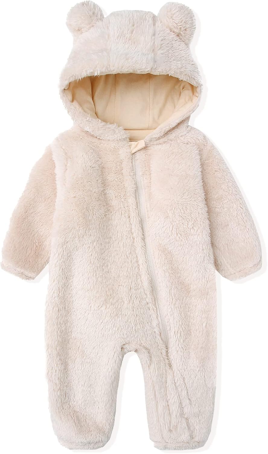 Soft hooded fleece romper for newborns; snug & warm baby outfit.