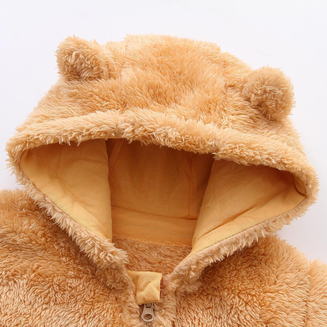 Adorable hooded fleece-lined baby romper, snug for chilly days.