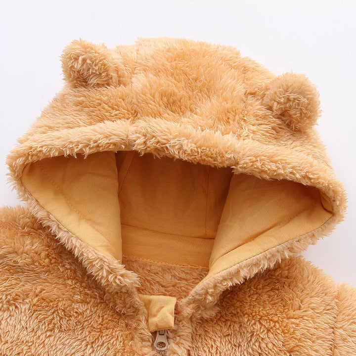 Adorable hooded fleece-lined baby romper, snug for chilly days.
