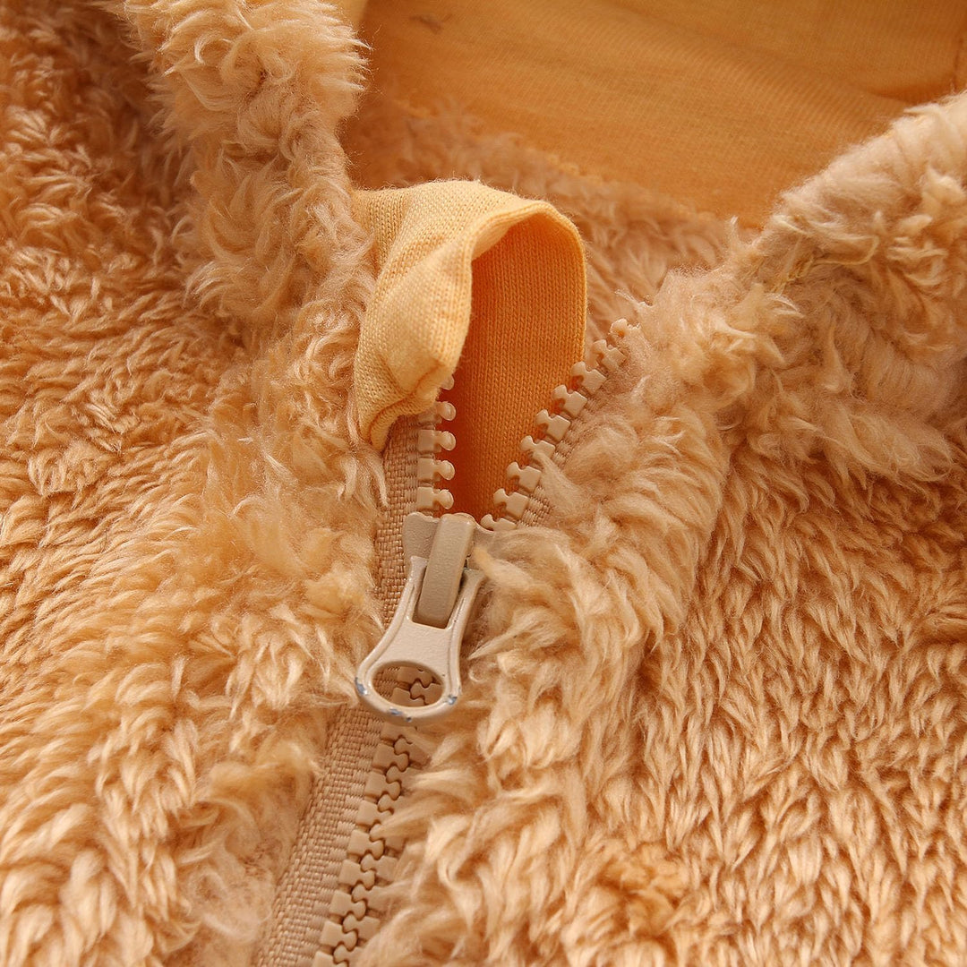 Warm & cozy hooded baby bodysuit, fleece-lined for exceptional winter comfort.