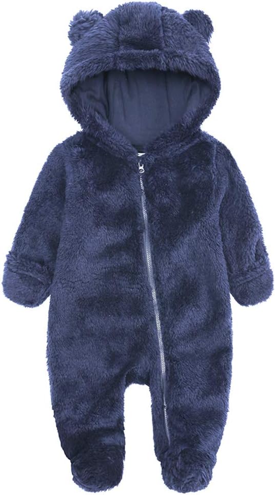 Warm baby fleece jumpsuit, full-body hooded design; cozy winter wear.