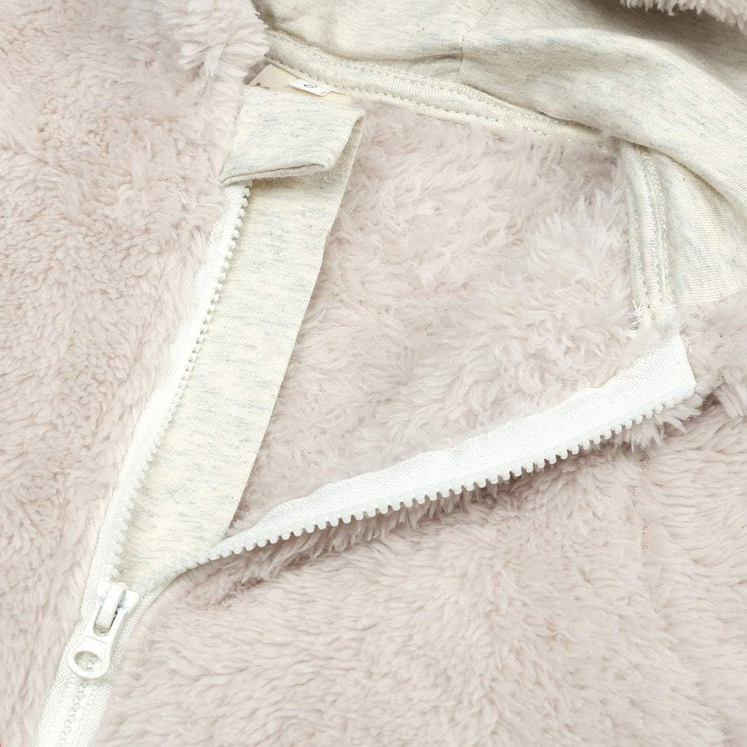 Adorable baby hooded romper, fleece material ensures snug winter wear.