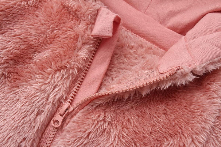 Snug baby hooded romper, fleece interior, essential for chilly winter outings.