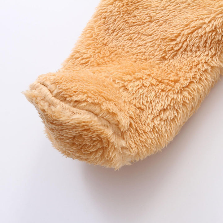 Thick fleece-lined hooded baby romper, ideal for maximum warmth.