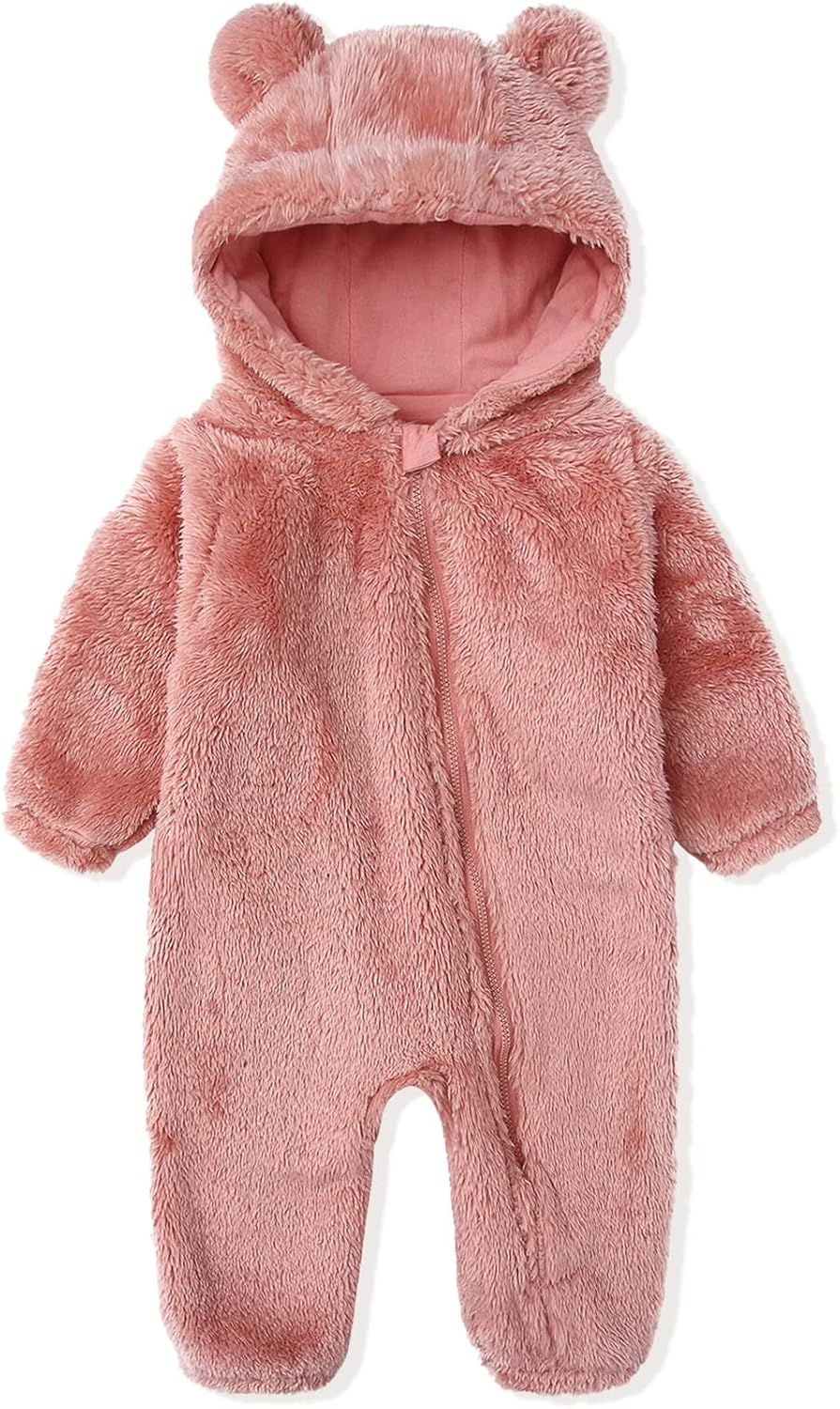 Plush fleece-lined infant hooded bodysuit; adorable, warm baby romper.