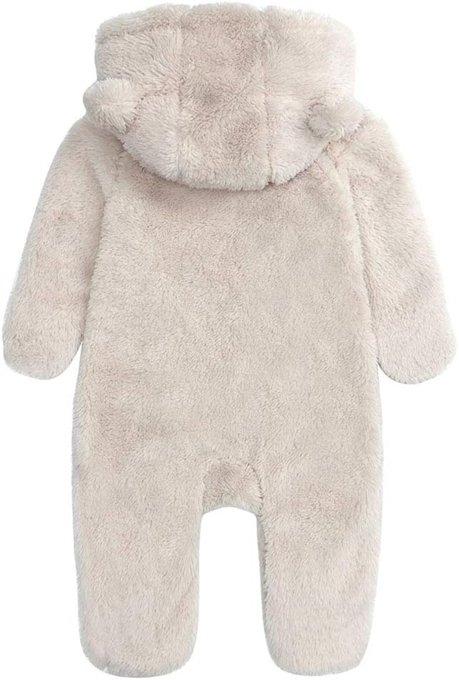 Plush fleece-lined hooded infant jumpsuit, keeping little ones snug.
