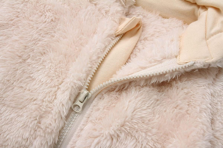 Cozy hooded baby romper, a must-have fleece outfit for cold weather.