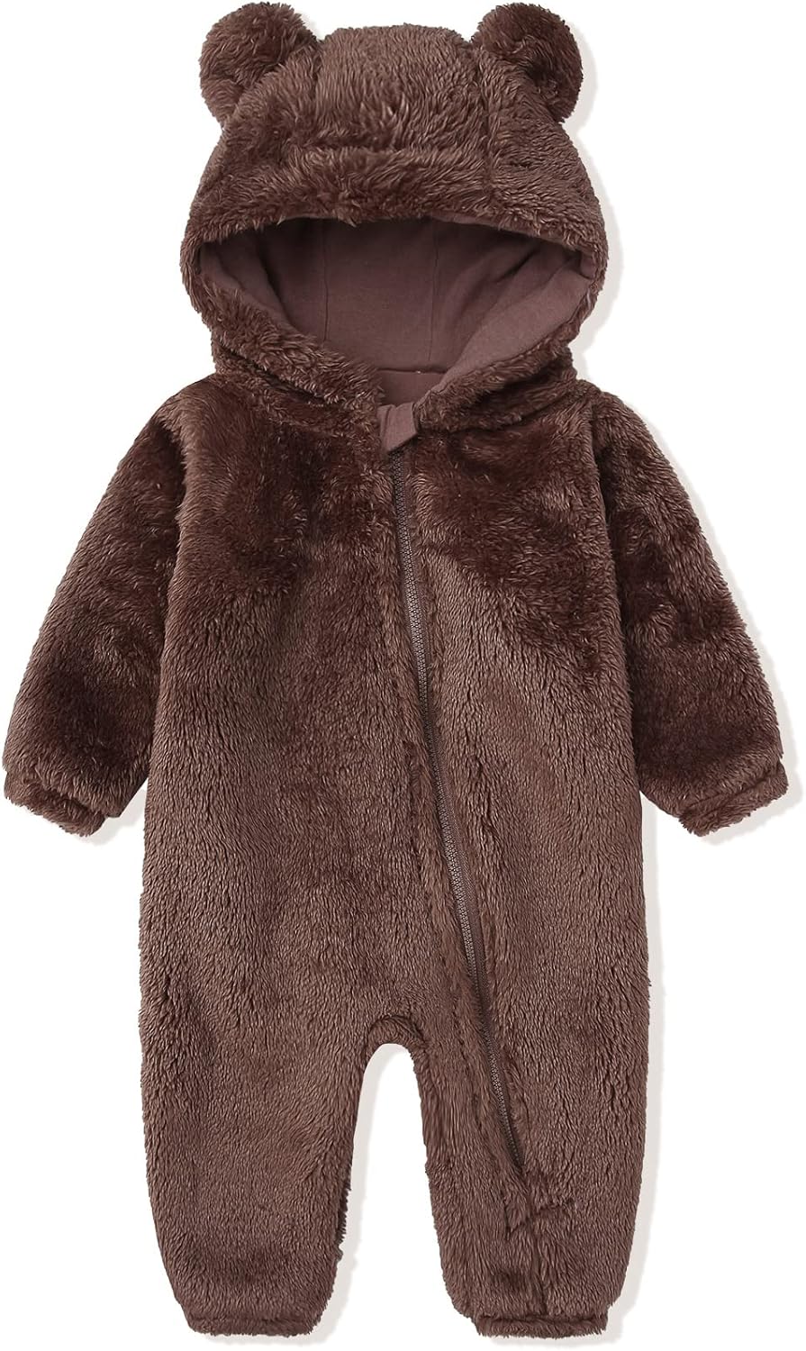 Snug fleece baby romper with hood; ideal for chilly weather, cozy newborn clothing.