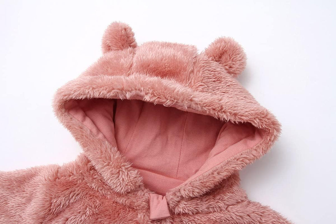 Soft hooded baby romper, fleece-lined for ultimate comfort & snug fit.