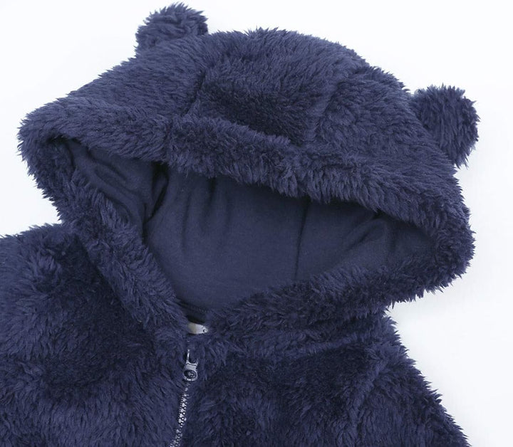Warm baby hooded jumpsuit, fleece material ensures comfortable winter.