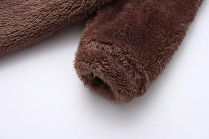 Snug hooded baby romper, fleece-lined for superior warmth.