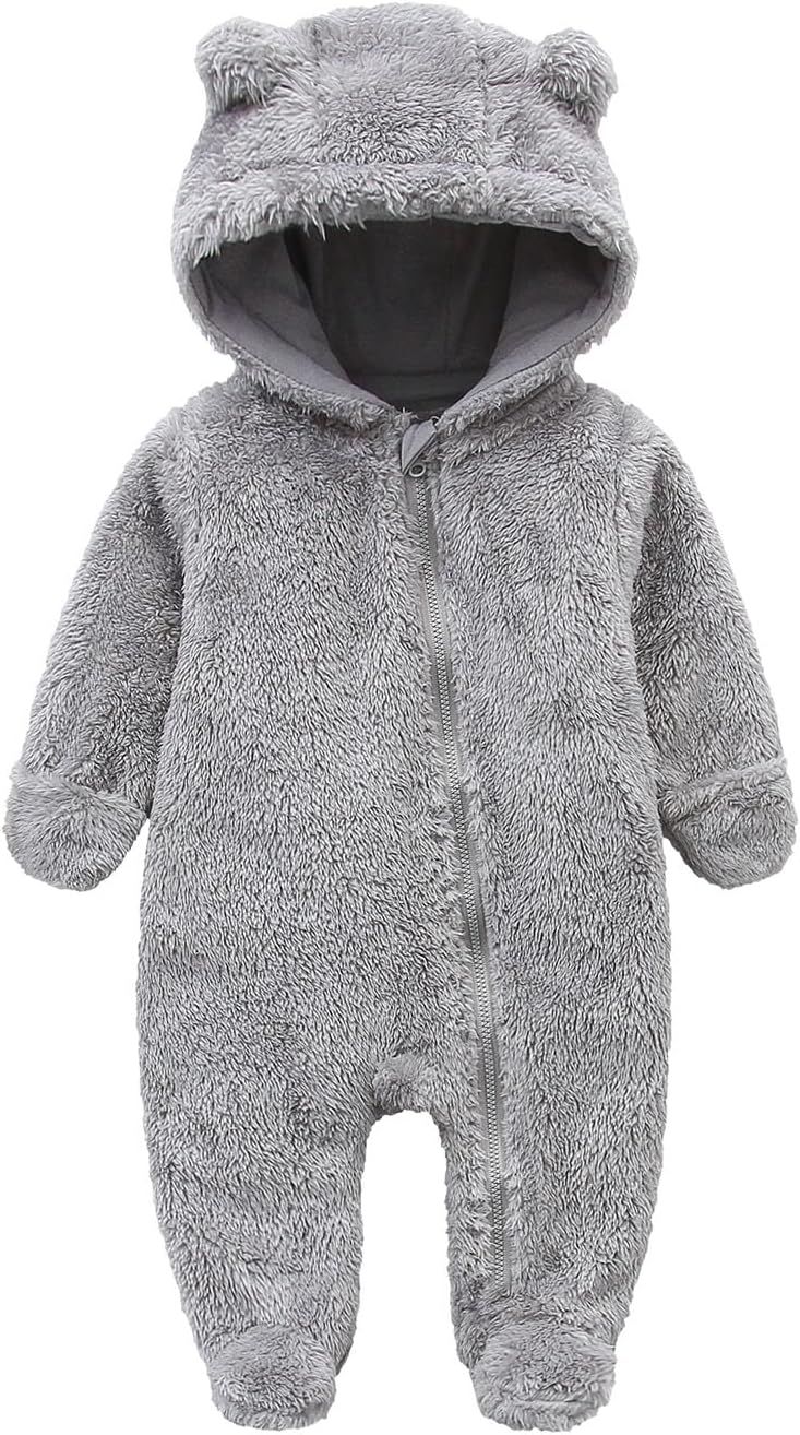Comfortable hooded baby jumpsuit, fleece-lined for ultimate warmth.