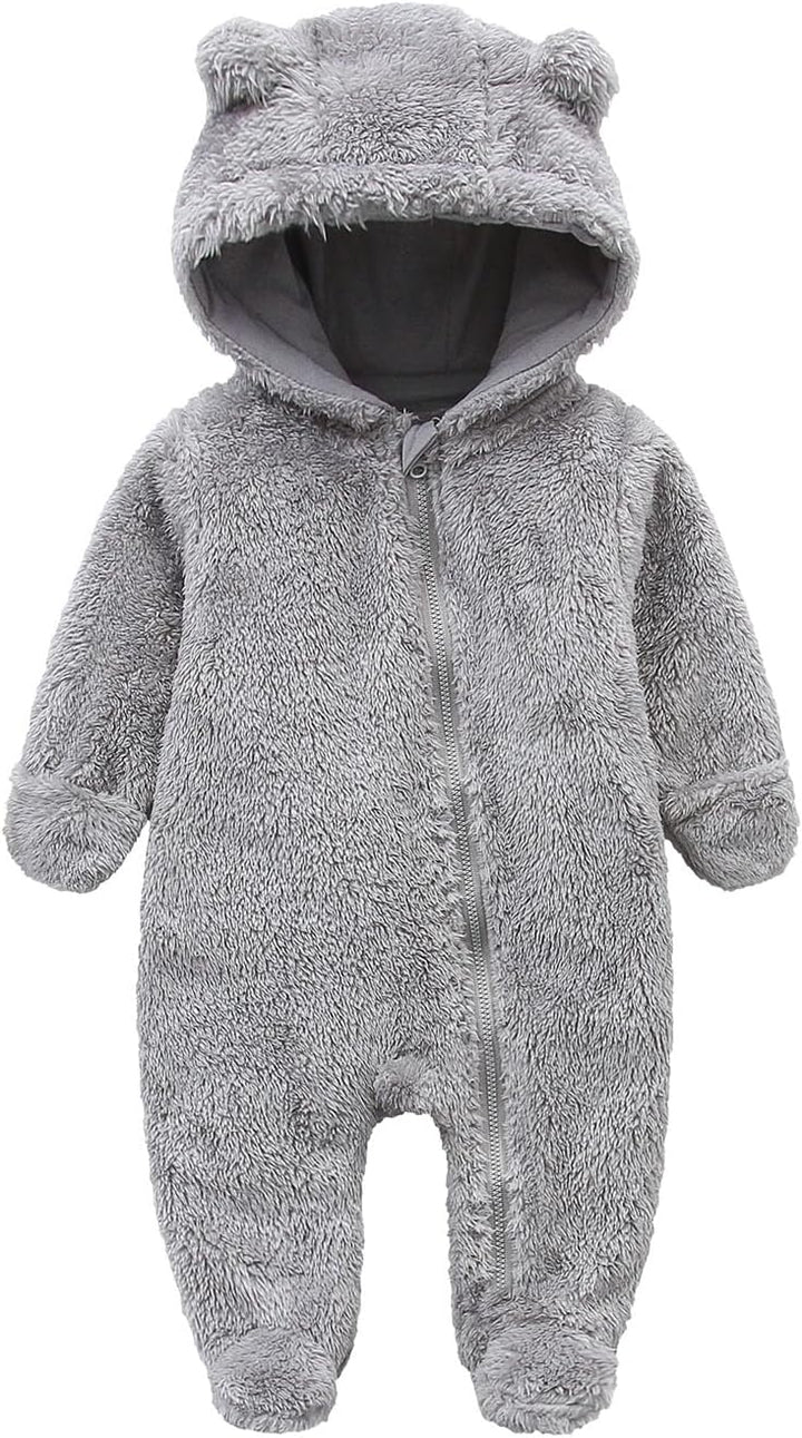 Comfortable hooded baby jumpsuit, fleece-lined for ultimate warmth.