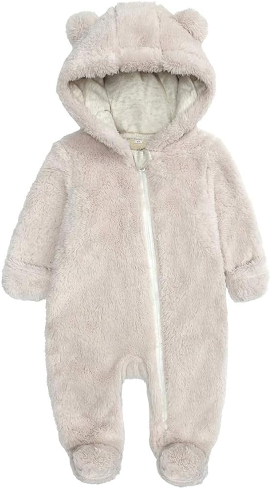 Adorable baby fleece romper, hooded & warm; cozy infant bodysuit.