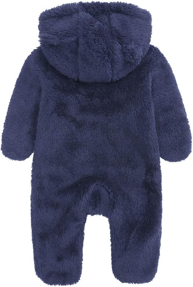 Thick fleece-lined hooded baby outfit; perfect warm romper for cold days.