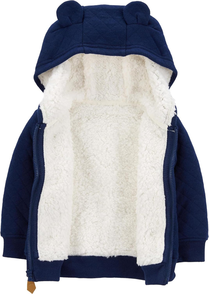 Stylish zipper baby hoodie, lined for snug warmth. Unisex infant jacket, essential toddler outerwear.
