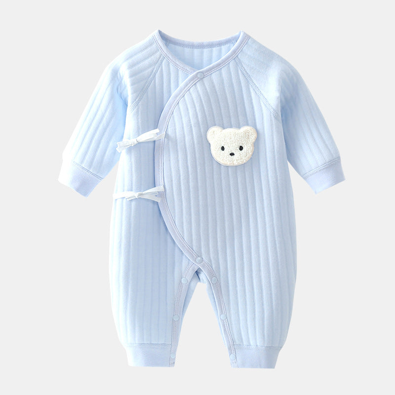 Cozy unisex baby bodysuit with cute bear applique, perfect for comfortable spring and fall wear.