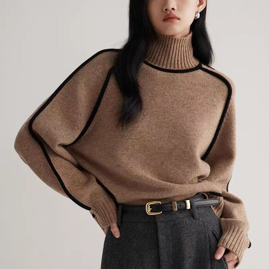 Cozy women's brown turtleneck sweater, perfect for winter warmth & elegant fall style. Long sleeve knitwear.