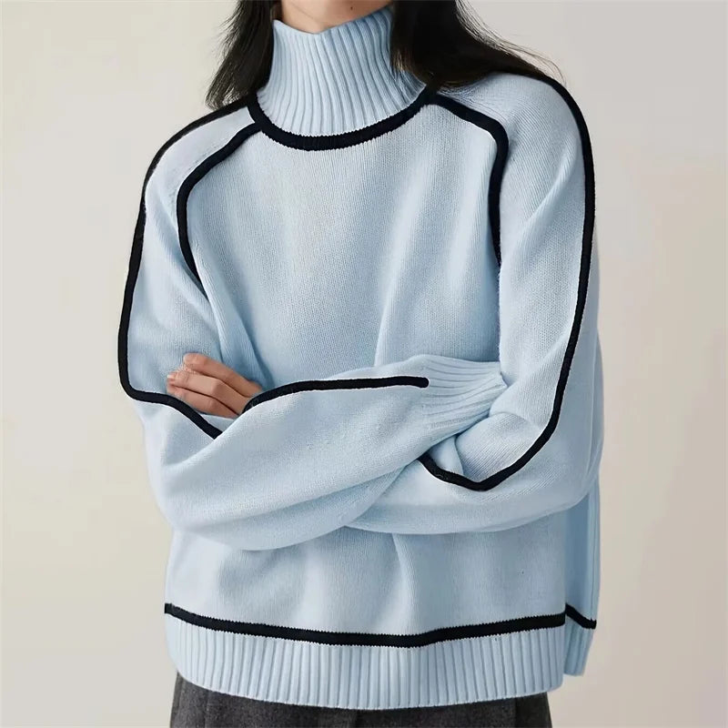 Casual women's blue turtleneck sweater, ideal for winter fashion & cozy fall comfort. Long sleeve knitwear.