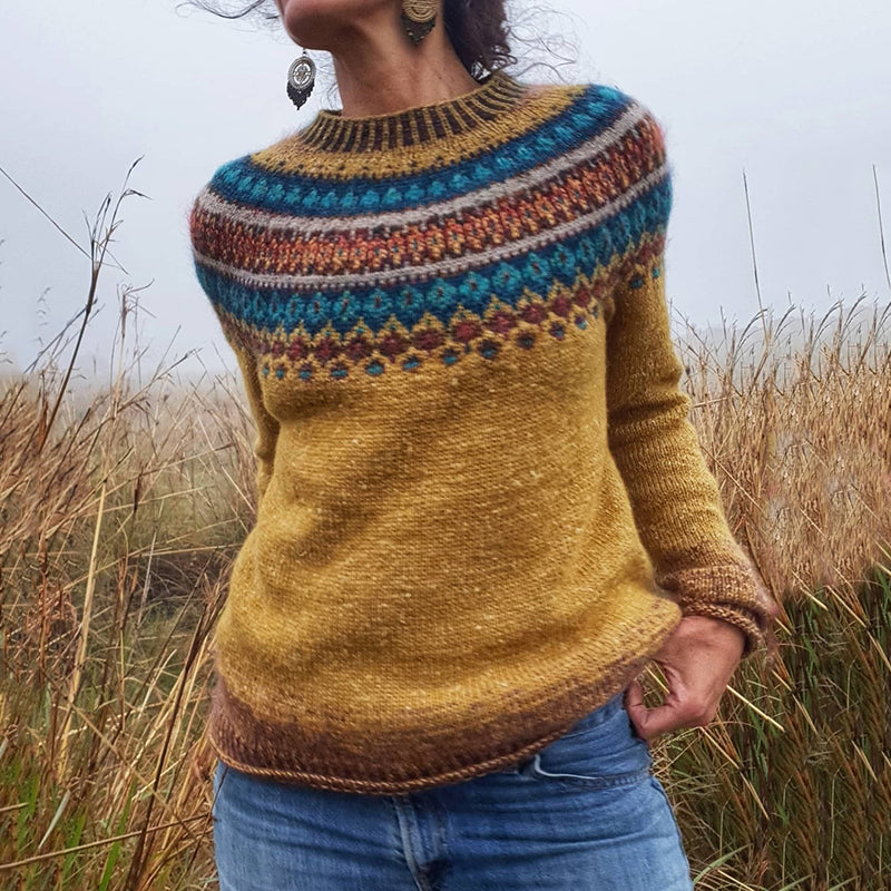 Cozy Women's Fair Isle crew neck sweater in a Nordic knit style, perfect for warm winter fashion.