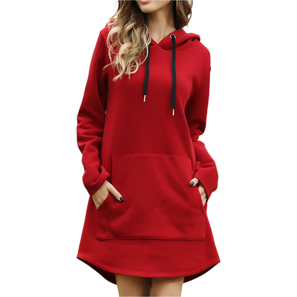 Cozy women's hoodie dress in a relaxed fit, perfect for comfortable everyday casual wear.