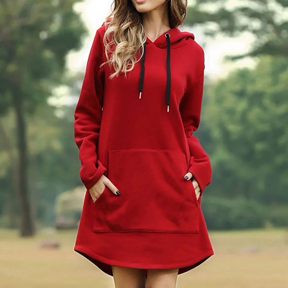 Stylish women's long sleeve hoodie dress, ideal for cozy fall and winter fashion.