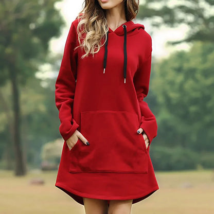Stylish women's long sleeve hoodie dress, ideal for cozy fall and winter fashion.