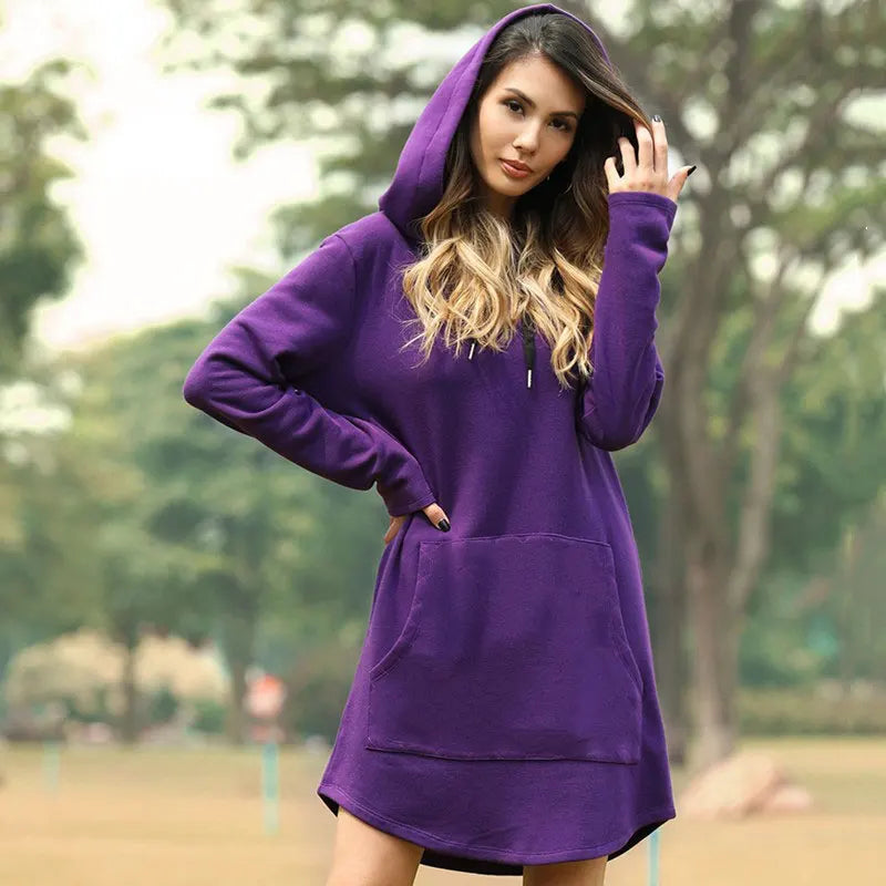 Versatile women's hoodie tunic dress, great for casual outings, lounging, or activewear.