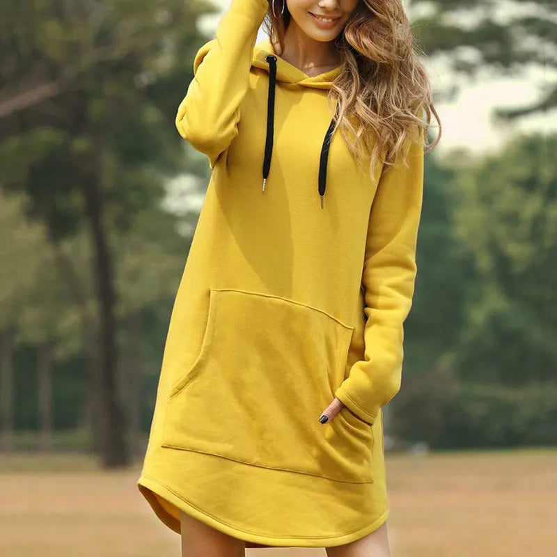 Cozy winter women's hoodie dress, a stylish and comfortable long sleeve option for cold days.