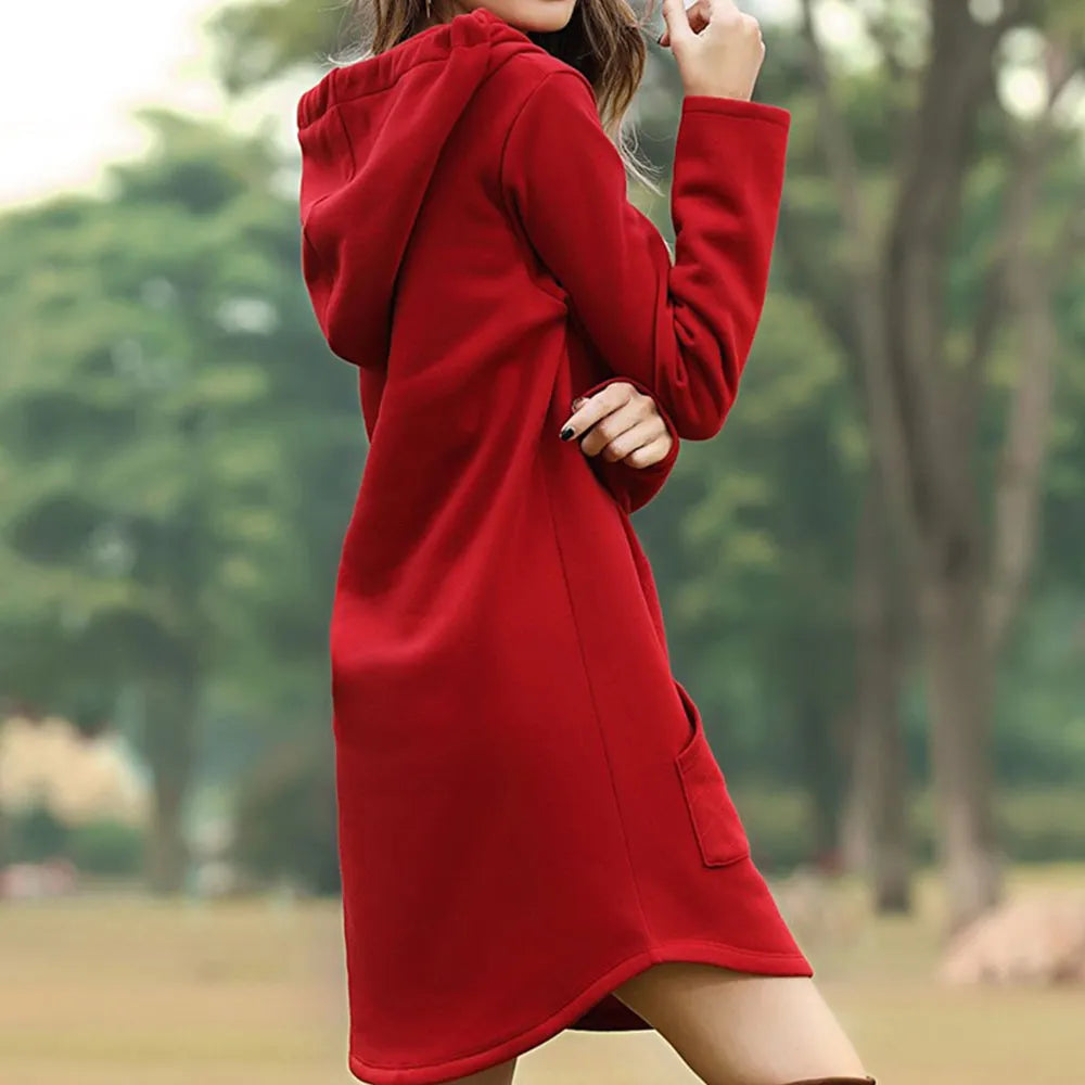 Stylish women's hoodie tunic dress, perfect for a chic and comfortable fall or winter look.