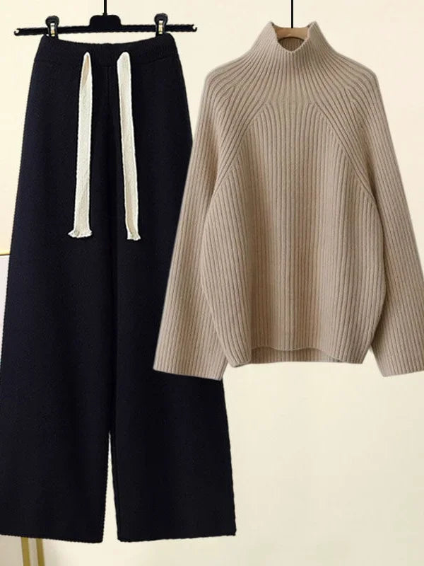 Stylish women's knit turtleneck top & wide-leg pants. Comfortable two-piece set, ideal for casual home wear.