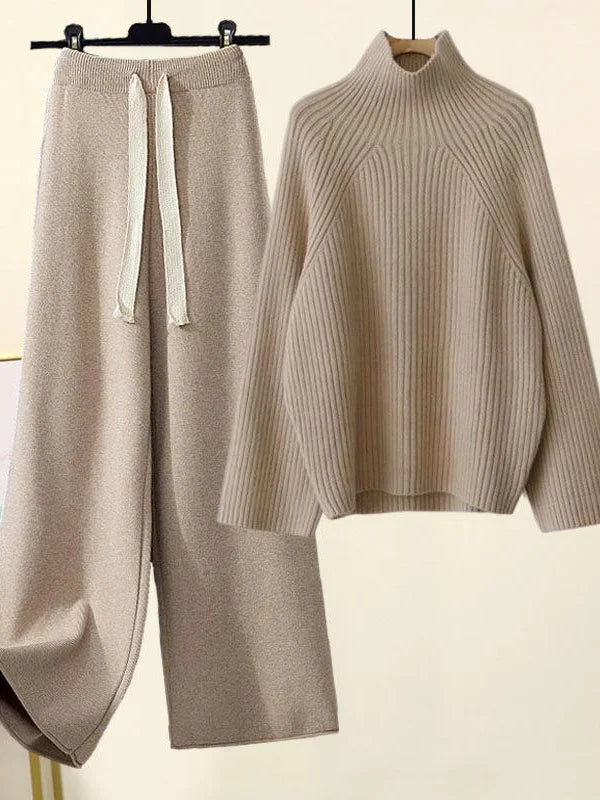Casual women's cozy knit loungewear set. Two-piece Oasis knit with a comfortable turtleneck & wide-leg pants.