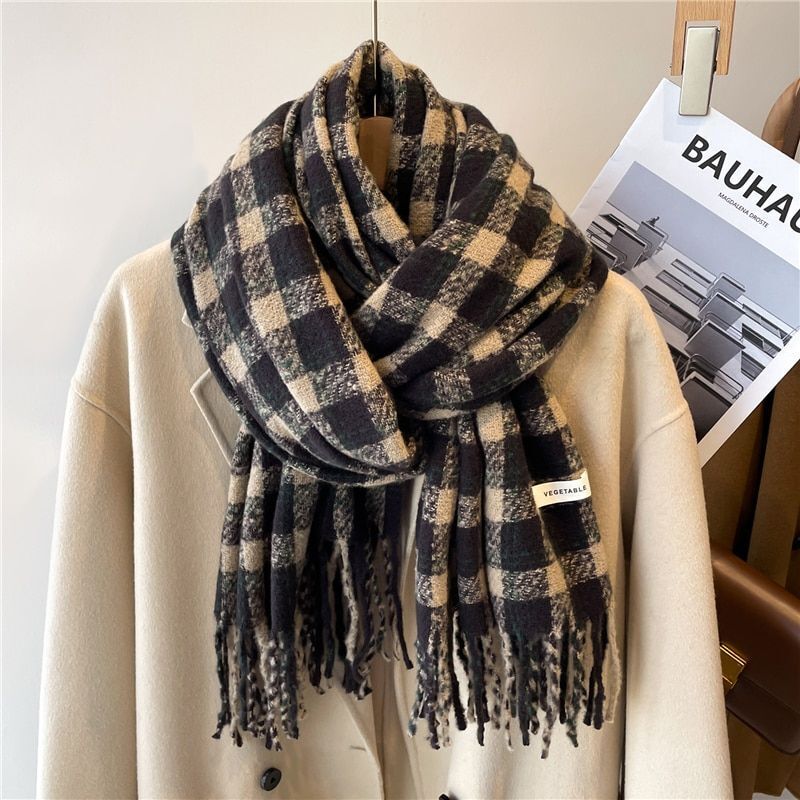 Premium women's plaid cashmere scarf. Elegant, warm winter accessory with a soft, cozy checked pattern. Fall gift.