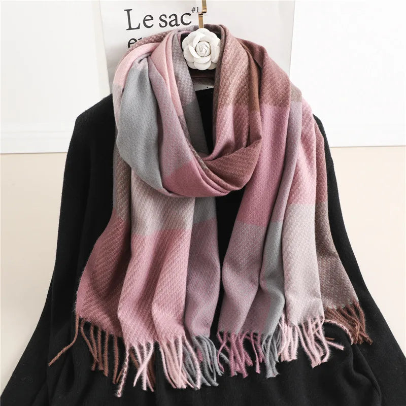 Elegant women's plaid cashmere scarf, ideal for winter. Soft, warm, and stylish. A cozy fall fashion accessory.