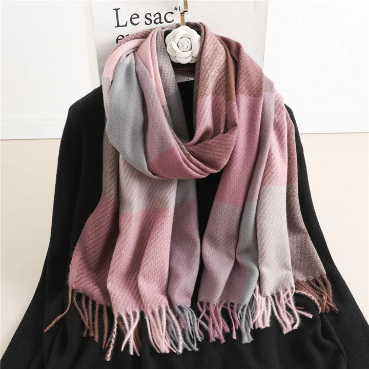 Elegant women's plaid cashmere scarf, ideal for winter. Soft, warm, and stylish. A cozy fall fashion accessory.