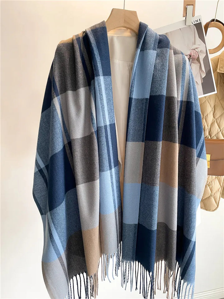 Warm women's plaid cashmere scarf, a chic winter accessory. Cozy fall fashion gift for her. Checked design.