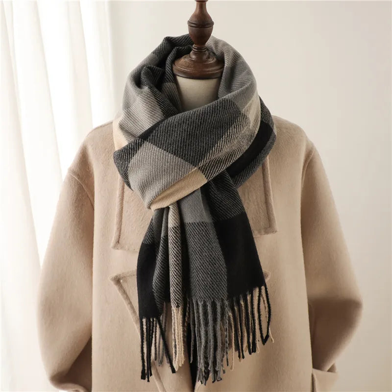 Women's warm plaid cashmere scarf, essential for winter fashion. Cozy checked accessory, great for layering.