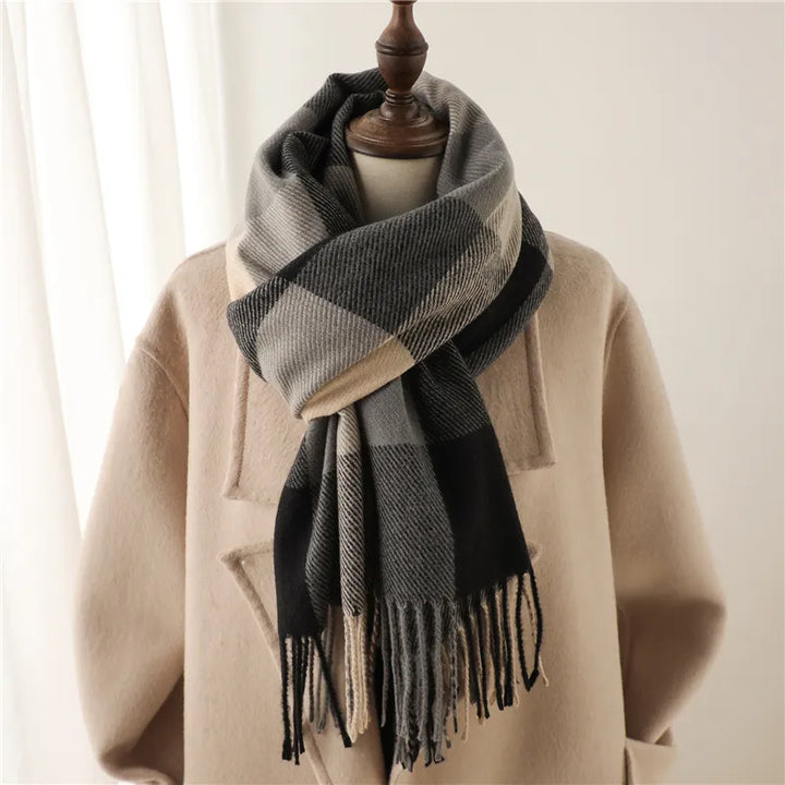 Women's warm plaid cashmere scarf, essential for winter fashion. Cozy checked accessory, great for layering.