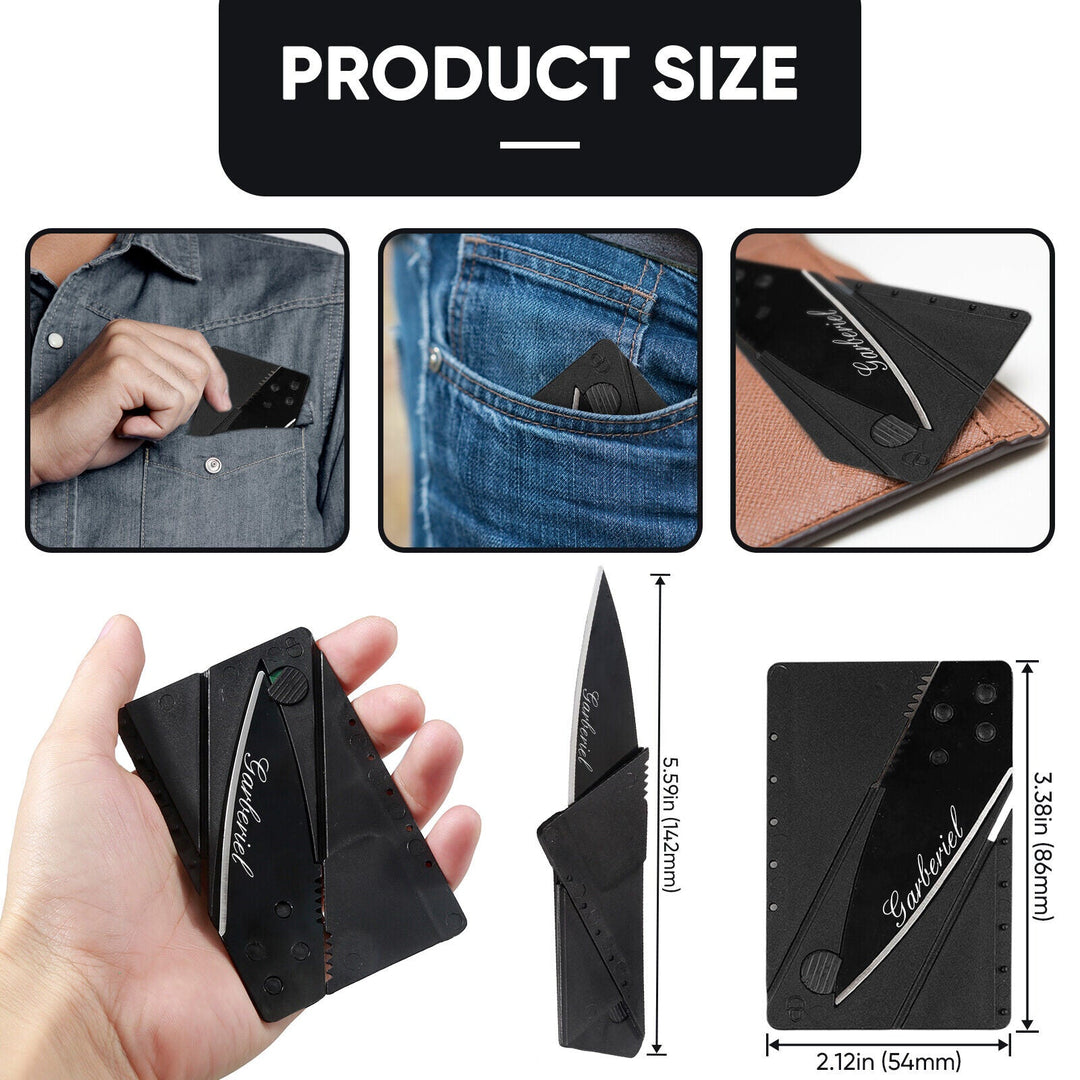 Credit card pocket knife, black handle, stainless steel blade, perfect for everyday carry tasks.
