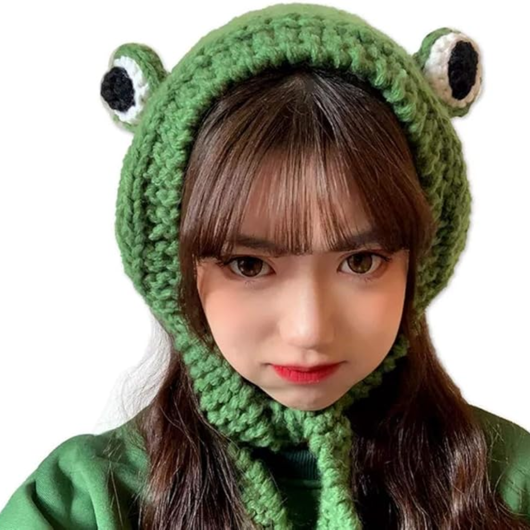 Crocheted frog ear warmer headband for women; soft, cozy winter accessory.